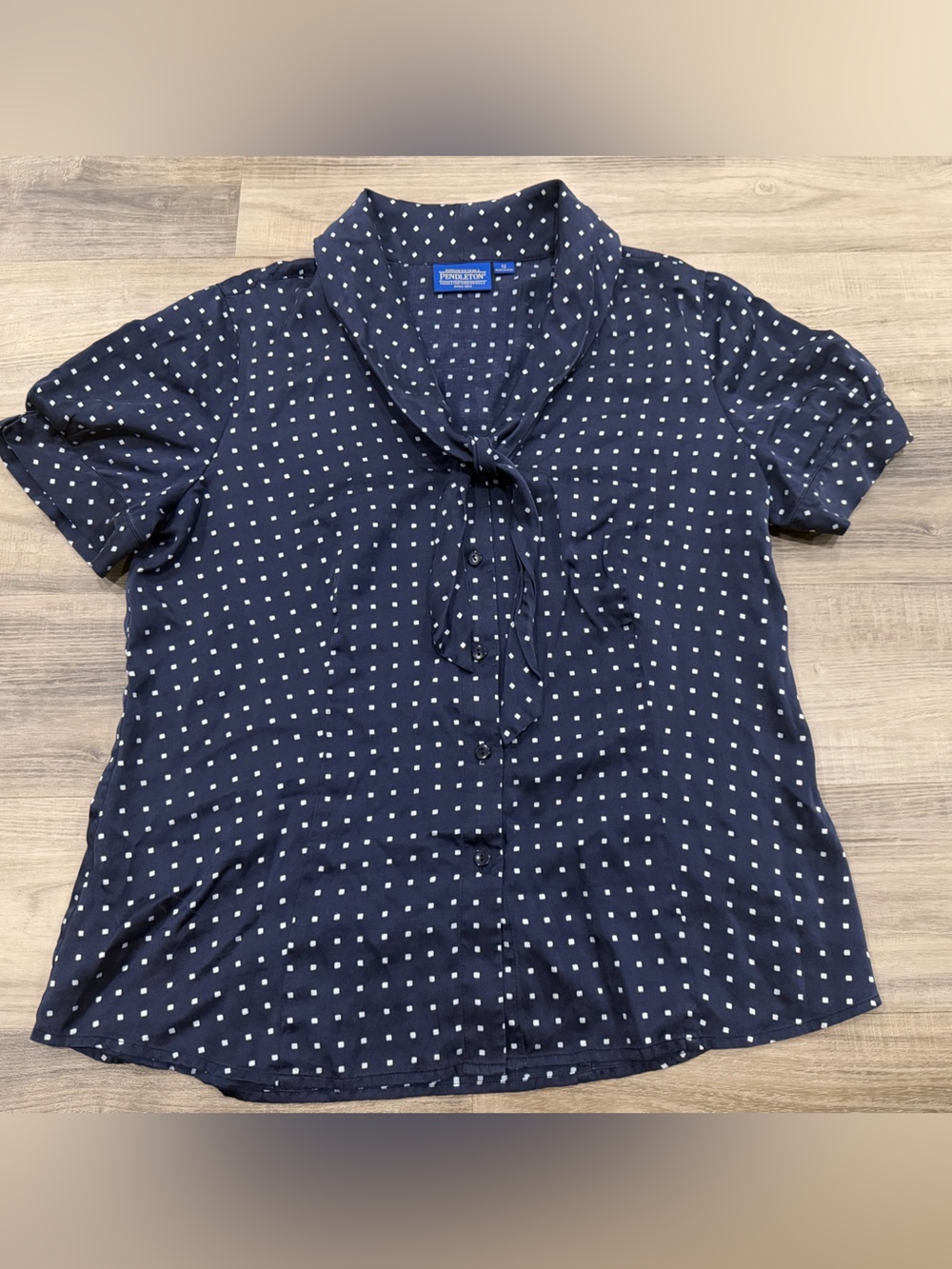 Pendleton Navy Geometric Silk Blend Tie Neck Blouse Size 12 Short Sleeve